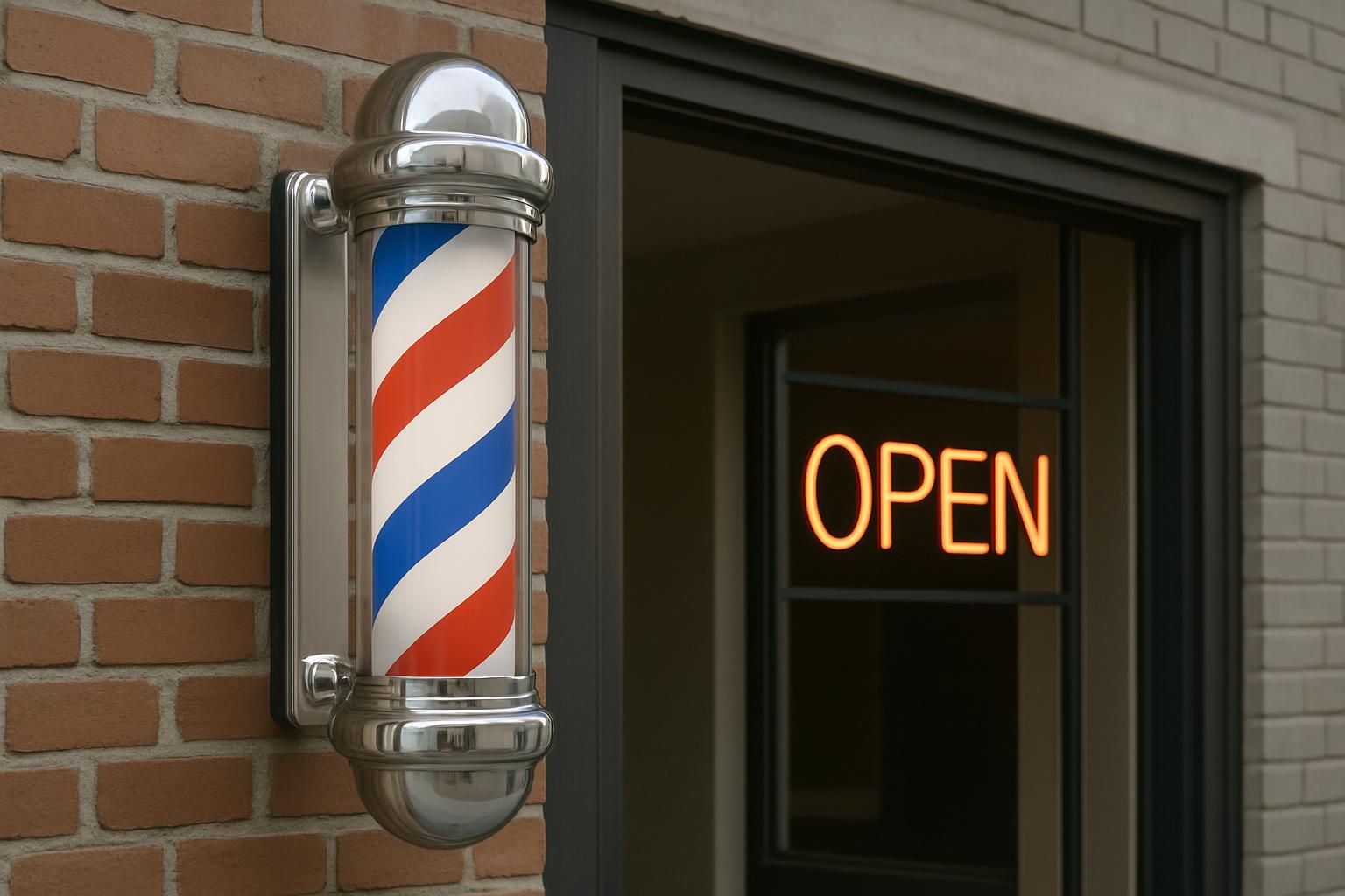 The symbol represents a barber pole, featuring red, white, and blue stripes that have become a universally recognized embl...