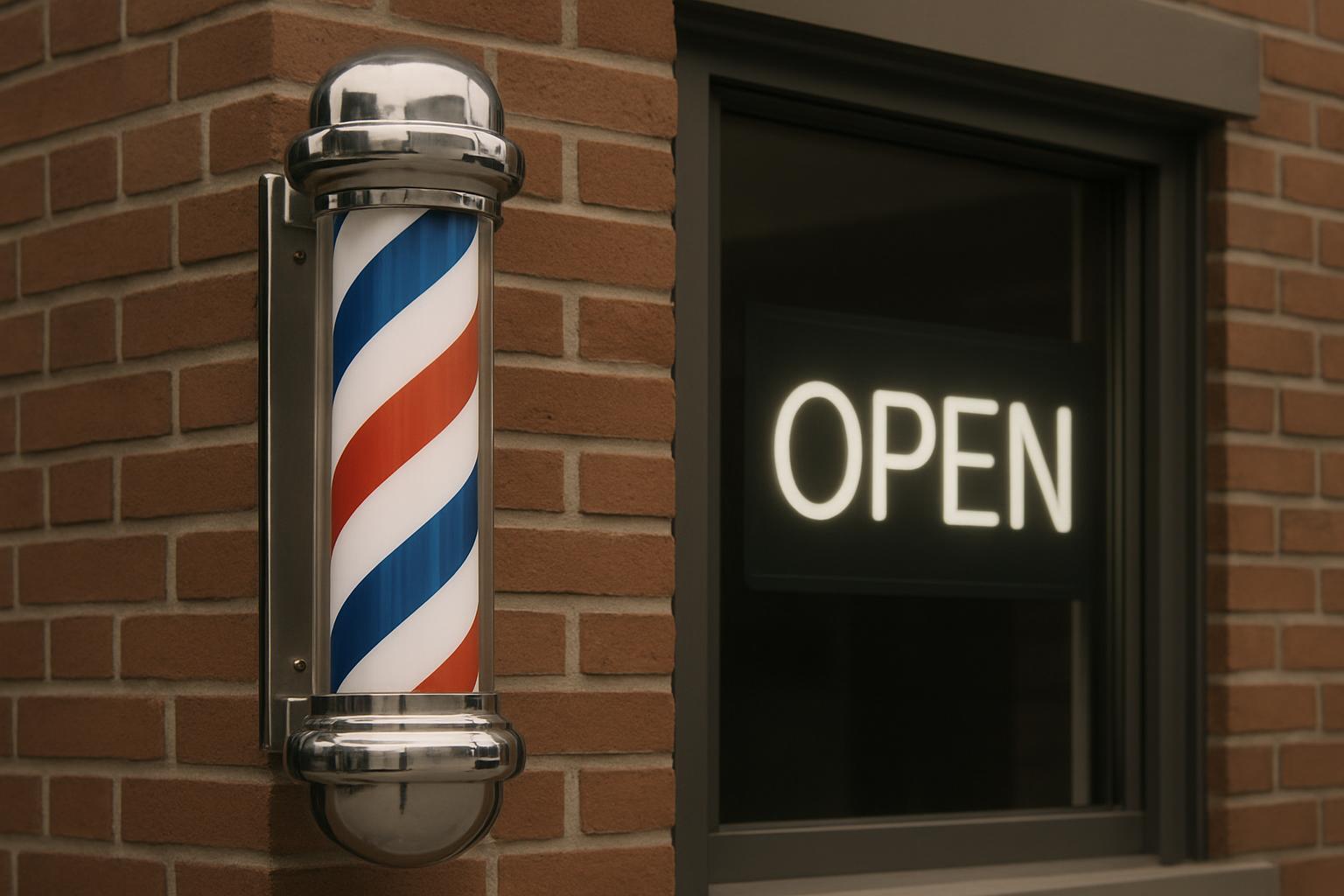 Barber shop open sign with diagonal striped pole.