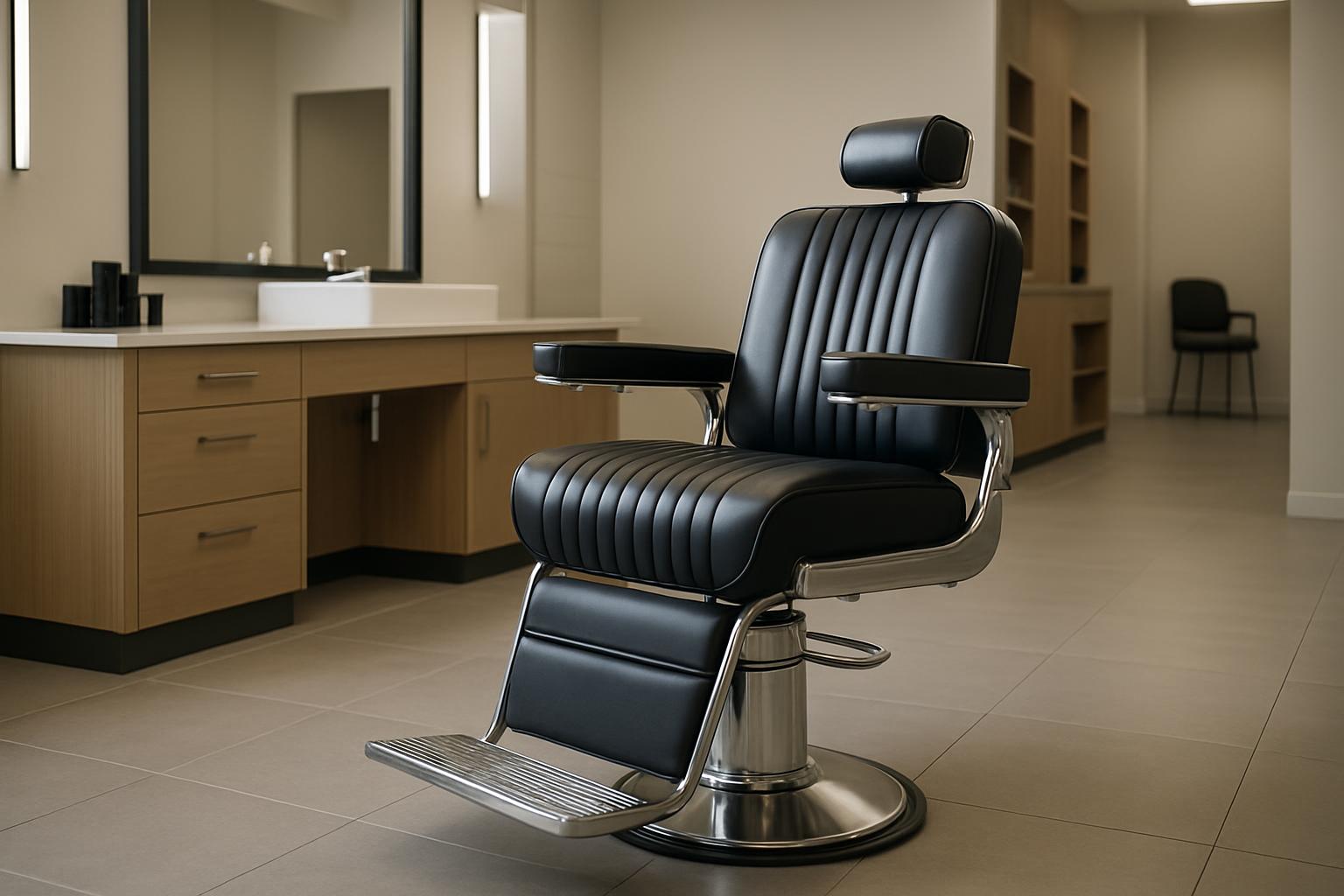 A barber chair in a modern, well-lit room with a bathroom vanity and sink in the background. A mirror is mounted over the ...