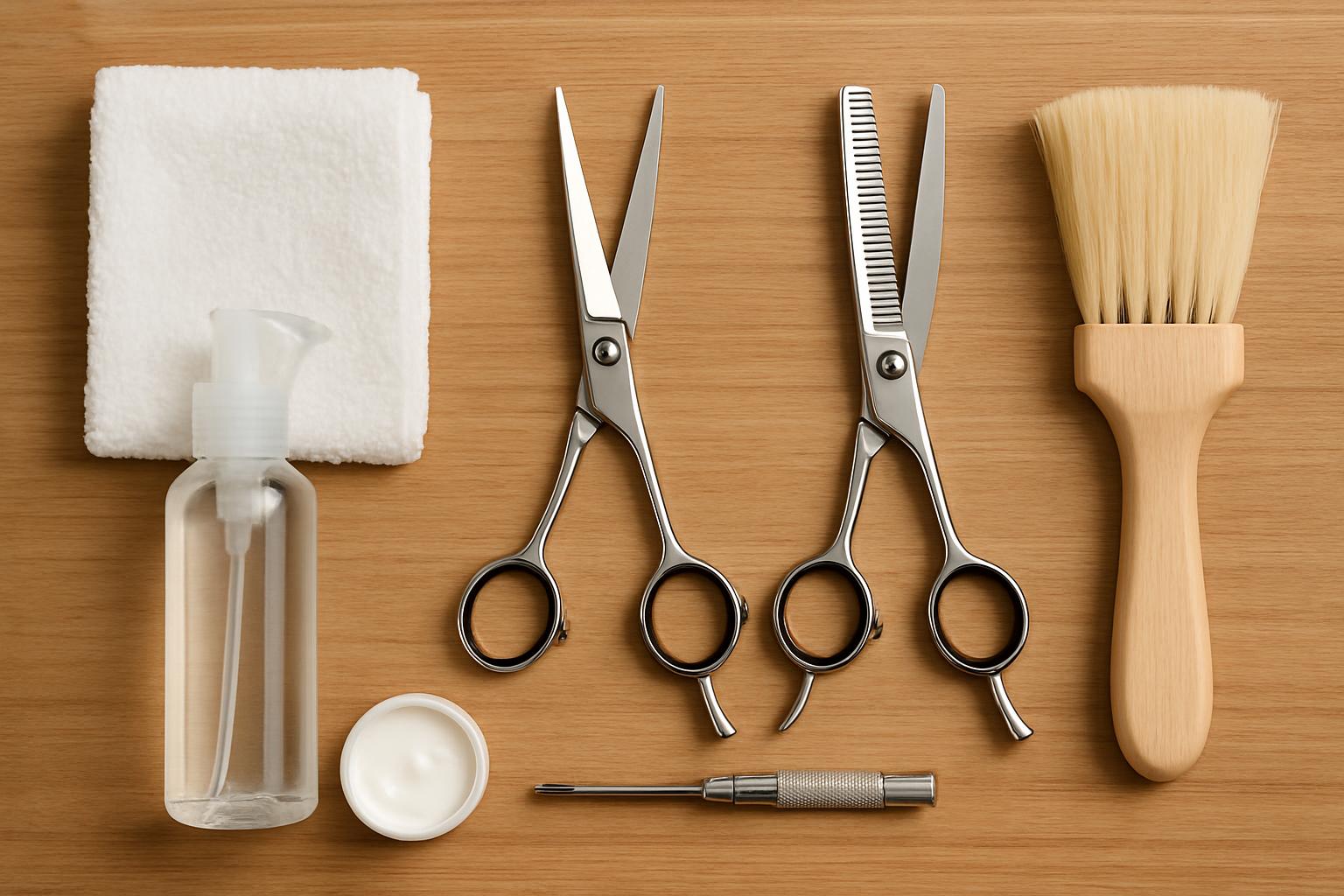 The alt text for the image is: "Shiny metal scissors, a comb, a towel, a bottle, a brush and a tool on a wooden surface, s...