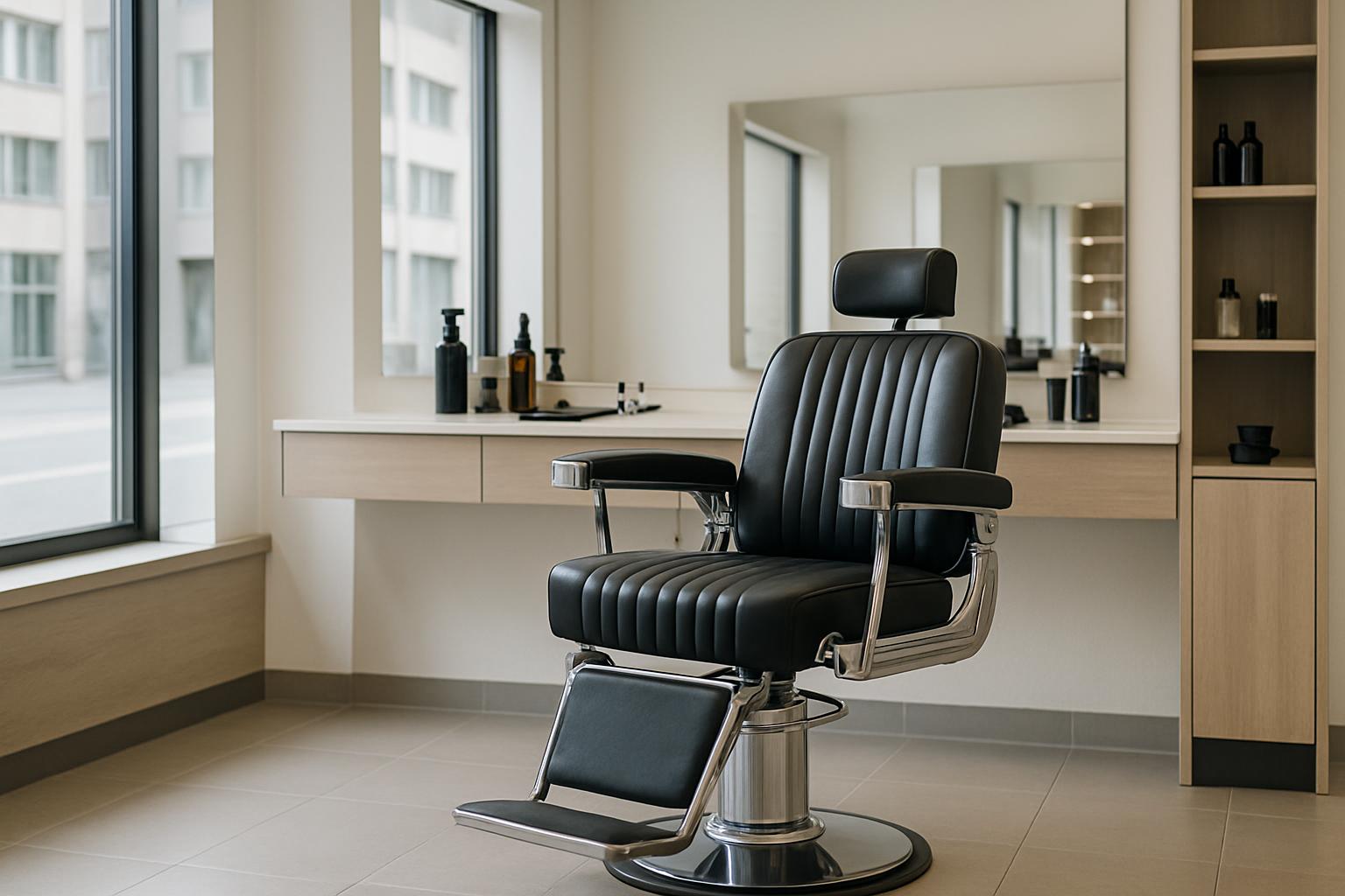 English: Unmanned barber chair in a large, lavishly furnished space.