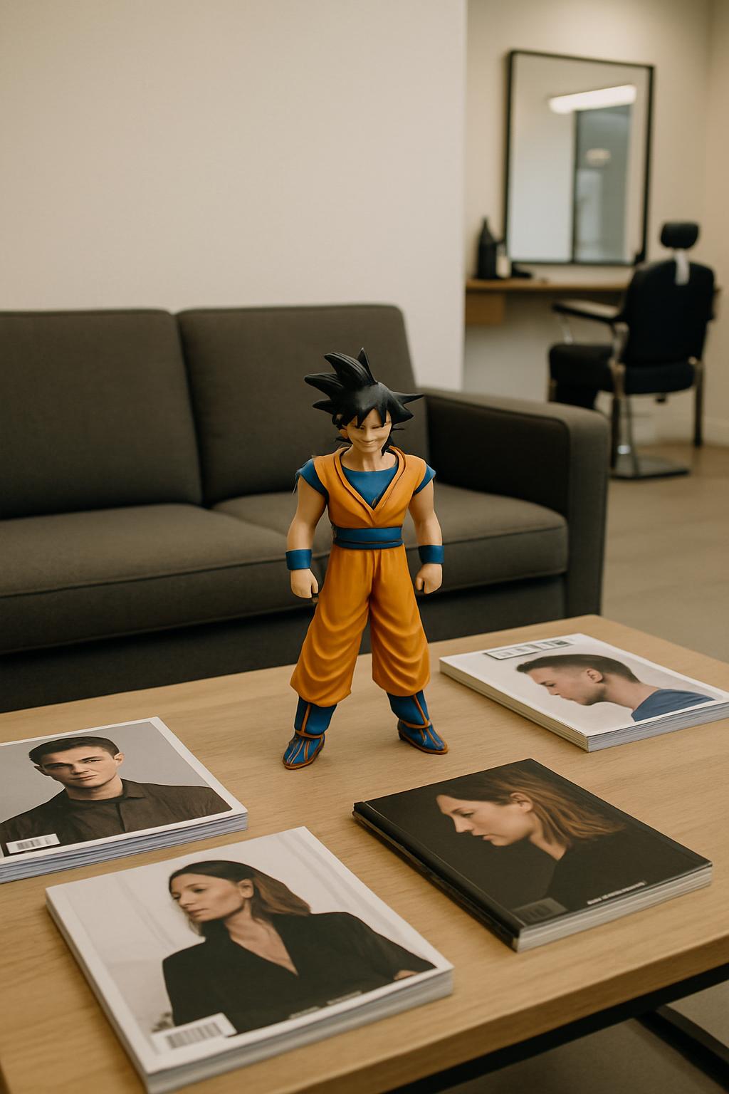 The image shows a toy of goku standing on a coffee table in the center. The toys are surrounded by magazines. the magazine...