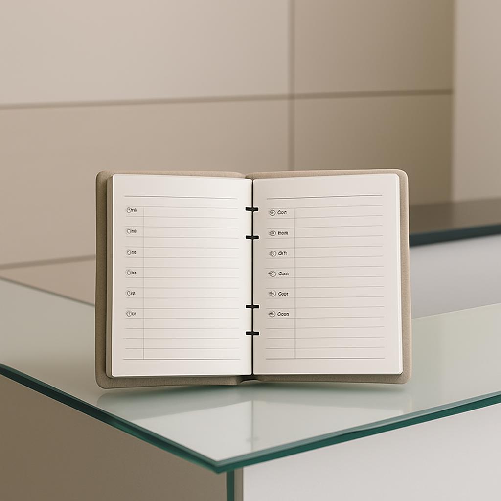 Un petit journal blanc avec une page vierge devant, posé sur une table en verre.