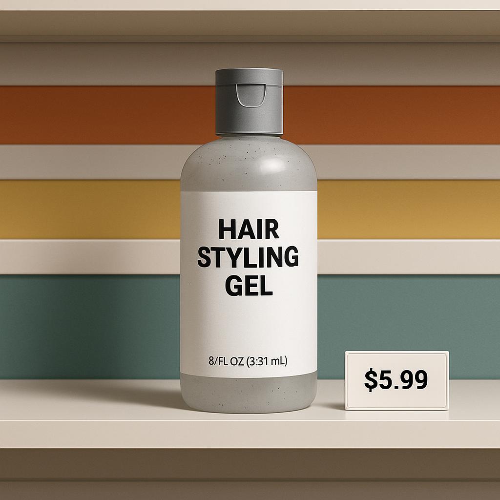 - The alt text is: A bottle of hair styling gel on a shelf with a price tag.